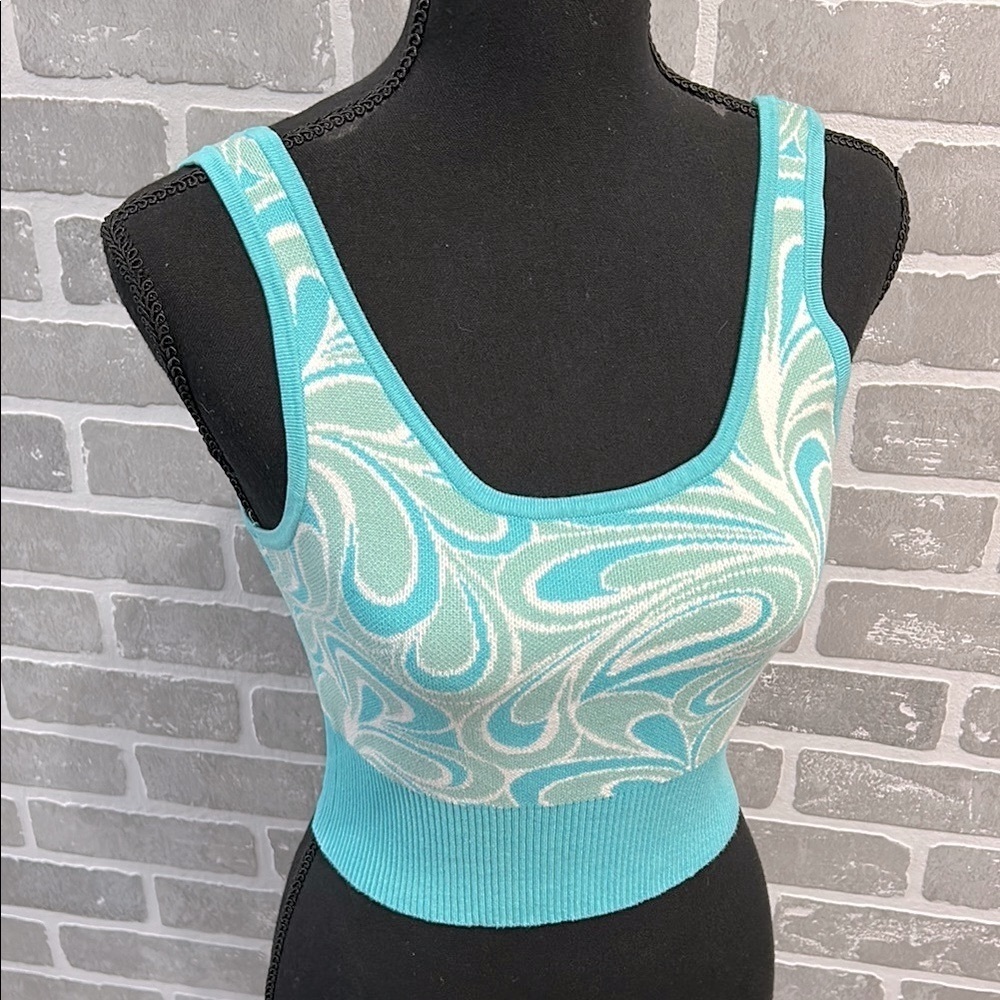 Garage Y2K Swirl Knit Crop Tank Top Aqua Blue XS Fitted Stretch Mermaidcore - Picture 7 of 11